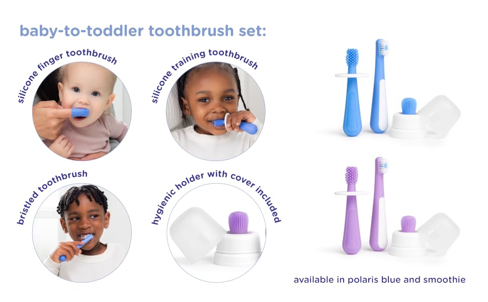 Children of different ages brushing their teeth with training toothbrush set