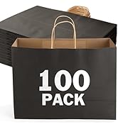 XPCARE 100Pack Kraft Paper Bags with Handles Bulk, 16x6x12 Inch Black Paper Bags, Kraft Shopping ...