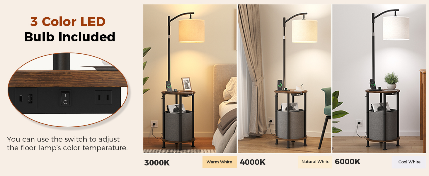 Floor lamp showing warm, natural, and cool white LED lighting options.