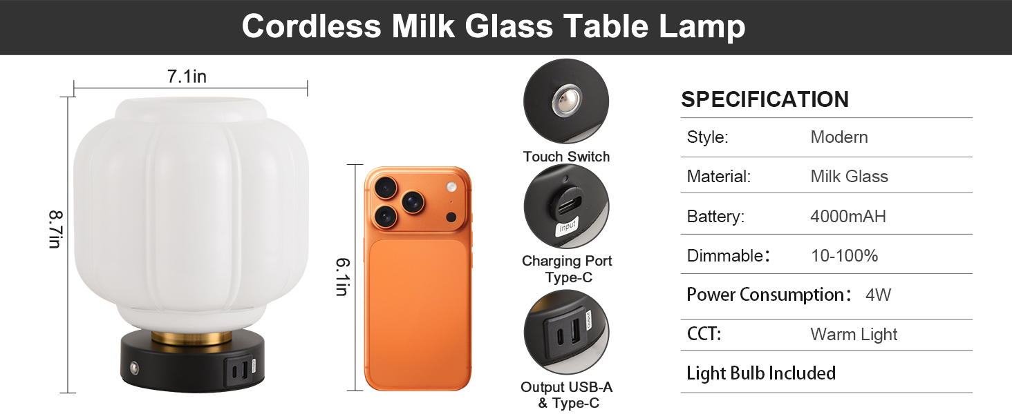 Rechargeable Table Lamp Cordless Milk Glass Bedside Lamp Small white and black