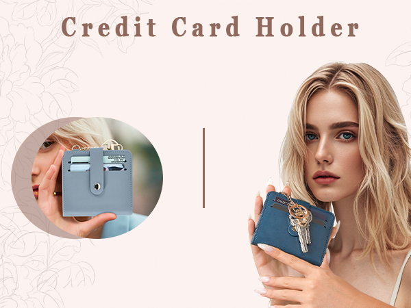 a model holding a credit card holder with key rings, features card slots and a secure strap
