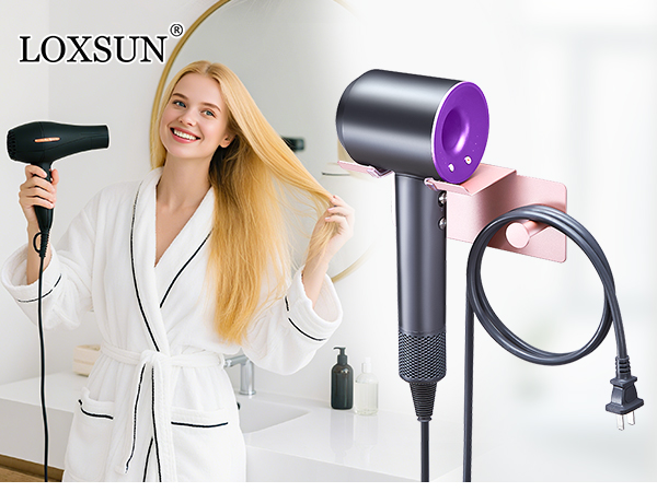 Text reads 'LOXSUN'. Series of product demonstration images showing black and purple hair dryer being used in different hair styling positions.