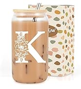 Coolife 16 oz White Monogrammed Glass Cup with Lid and Straw, Perfect for Iced Coffee, Smoothies,...