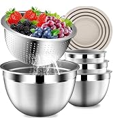 DUTZUN Stainles Steel Mixing Bowls with Lids Set, Stackable Metal Mixing & Serving Bowl with Stra...