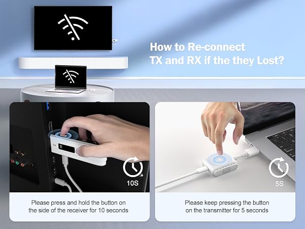 Instructions for reconnecting wireless device. Two panels show hands interacting with a white rectangular device, pressing buttons for 3-5 seconds.