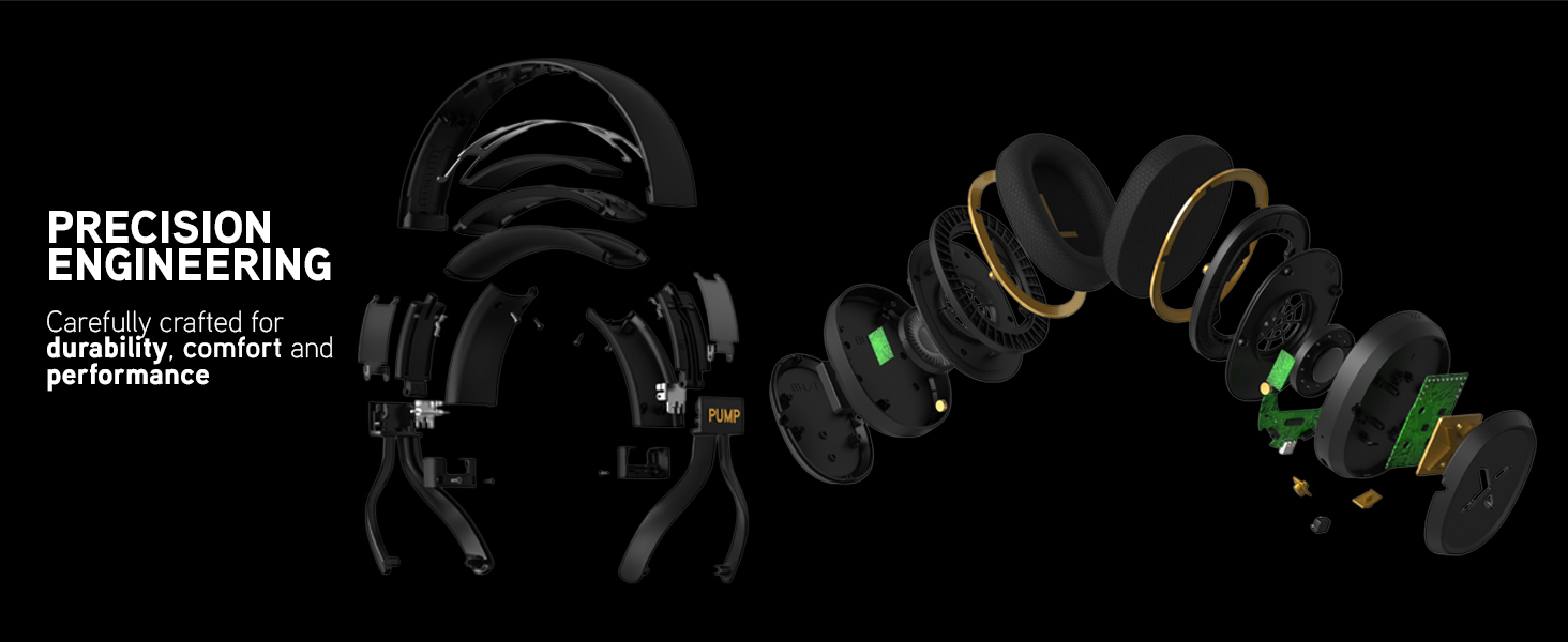 Exploded view of Pump X headphones showing internal components, drivers, circuits, and build design