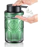 zuxzmj Foaming Hand Soap Dispenser Green Embossed Glass with Matte Black Pump Refillable 12 Oz fo...