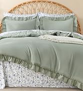 Litanika Queen Size Comforter Sets - 7 Pieces Ruffle Sage Green Bed in a Bag, Soft Farmhouse Bedd...