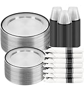 BESTSTAR 350PCS Clear and Black Disposable Plates Set for 50 Guests, 100 Plastic Plates, 50 Plast...