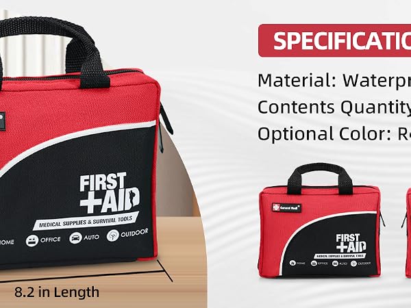 Text reads 'Image 6' and 'SPECIFICATIONS'. Product photos of red sports or gym bag with text indicating 'Material: Waterproof fabric' and 'Contents Quantity: 120 Pieces'.