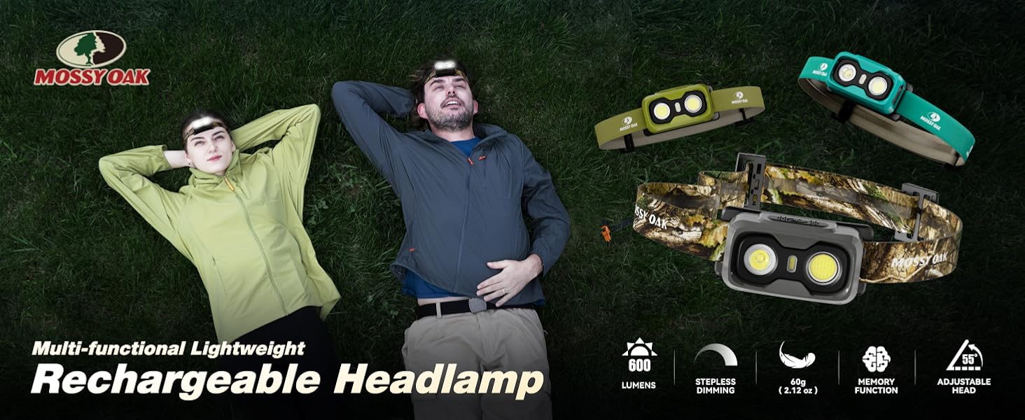 Mossy Oak lightweight headlamp with Memory Function, 6 Lighting Modes, max 600 lumens