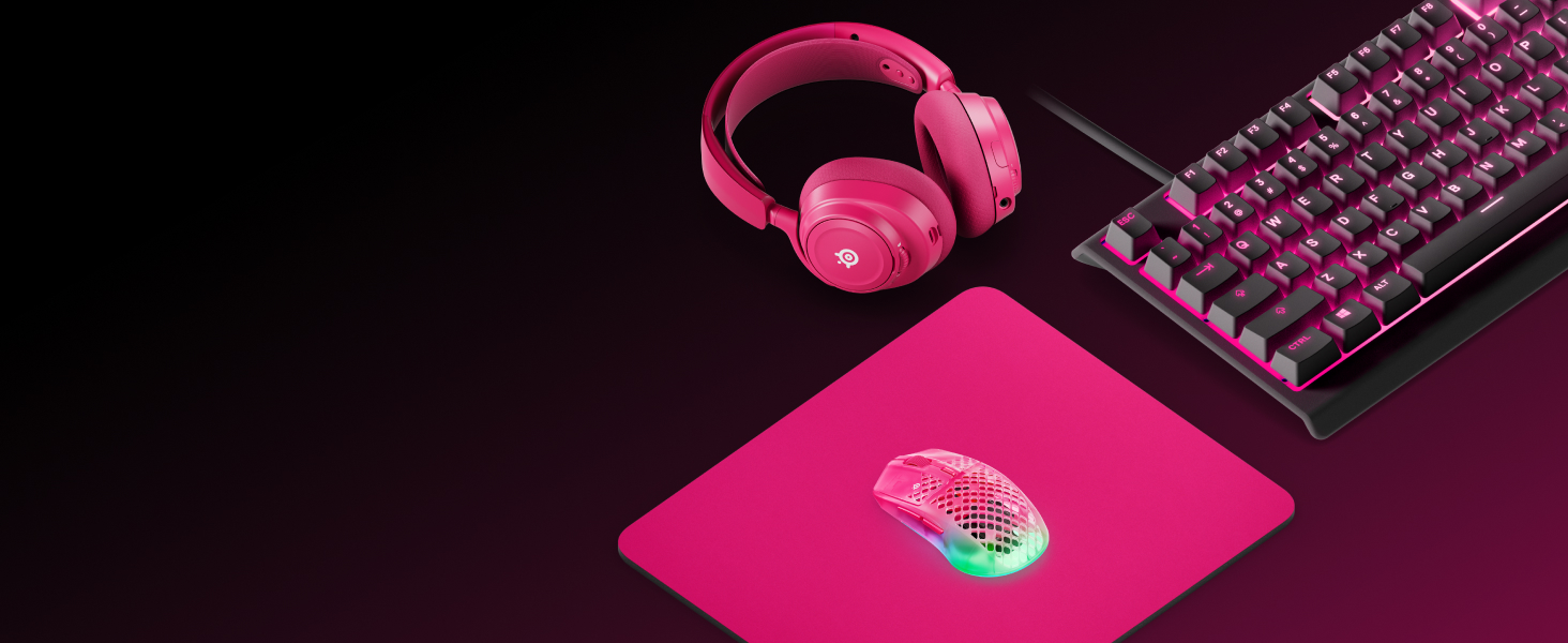 Coordinated magenta pink mousepad, mouse, keyboard and headset