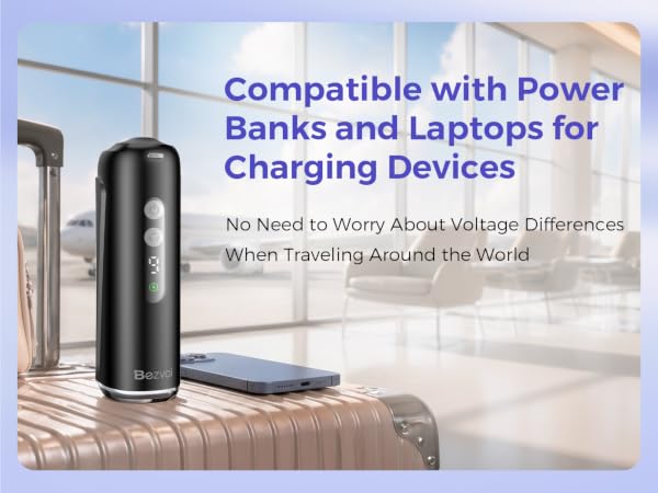 Text reads 'Compatible with Power Banks and Laptops for Charging Devices' and 'We blend to serve along voltage Ultimately brings charging and life together.' Black cylindrical device displayed on wooden surface.