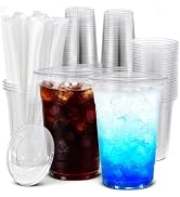 100 Pack 20 oz Clear Plastic Cups with Lids and Straws - Disposable Iced Coffee Cups with Lids fo...