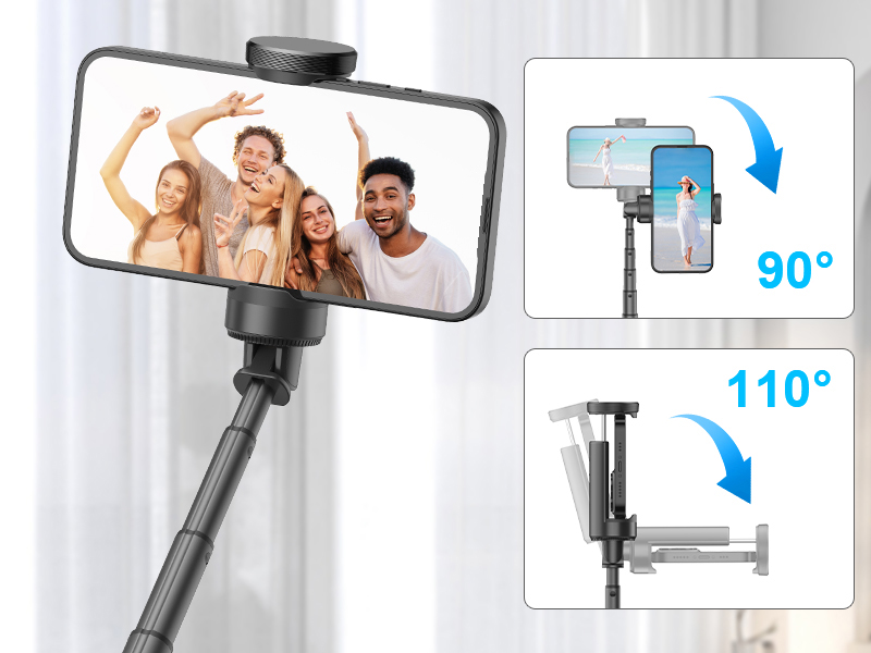 Smartphone selfie stick with 90-degree rotation and 110-degree tilt capabilities. Extended arm holds phone horizontally, demonstrating group photo functionality.