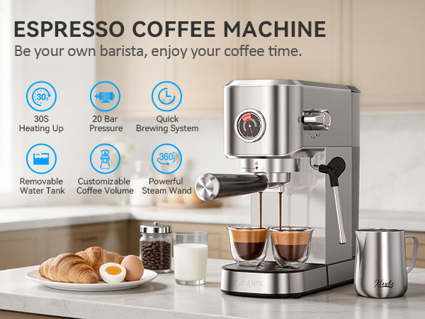 XIXUBX Espresso Machine 20 Bar 30s heating removable tank steam wand custom volume