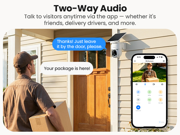 Text reads 'Two-Way Audio' and 'Talk to visitors anytime, anywhere via the app—whether it's friends, delivery drivers, and more.' Composite image showing woman at doorway, doorbell device, smartphone interface displaying 'See the door now' and package delivery notification.