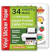 Text reads '34 SHEETS +2 Gift Sheets Inkjet Printer Laser Printer' on red and white vinyl sticker paper package with fruit icons. Product features listed include 'Excellent Adhesion, Water Resistant, Smudge Proof'.