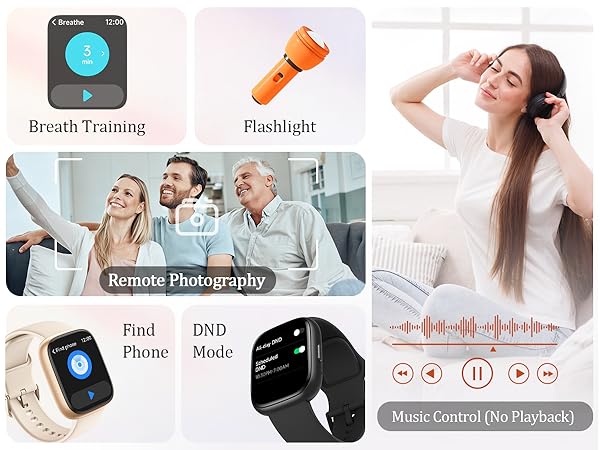 Text shows 'Breath Training', 'Flashlight', 'Find Phone', 'DND Mode', 'Music Control' and 'Play/Pause'. Composite image showing smartwatch features including fitness tracking, flashlight function, and music controls.