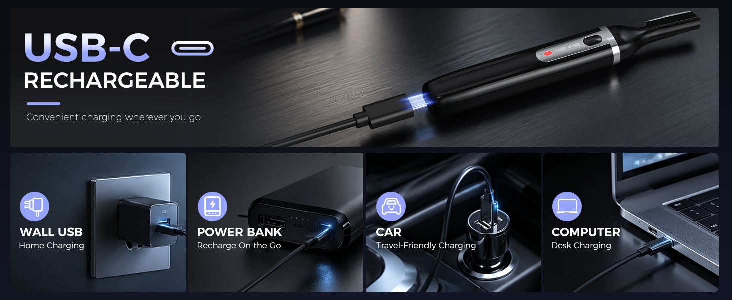 USB-C RECHARGEABLE Convenient charging wherever you go