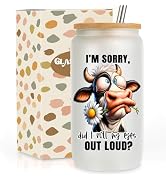 GSPY Coffee Cow Cup - Funny Cow Gifts - 16 oz Frosted Cute Glass Cups with Lids and Straws, Novel...
