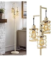 BOBOMOMO 70" Farmhouse Dimmable Floor Lamp, Weathered White Rustic Industrial Metal Cage Standing...