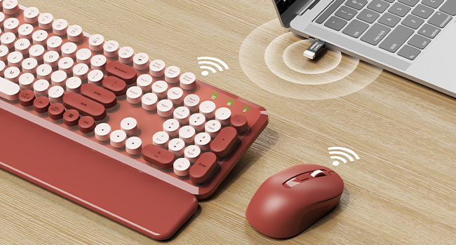 Burgundy wireless retro keyboard and mouse with USB receiver and 2.4GHz connection.