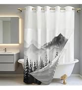juwute Hookless Shower Curtain with Snap in Liner, Black Nature Forest No Hook Shower Curtains fo...