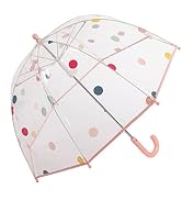 Clear dome umbrella with colorful polka dot pattern featuring pink, blue, and yellow spots. Has coral-colored curved handle and transparent construction.