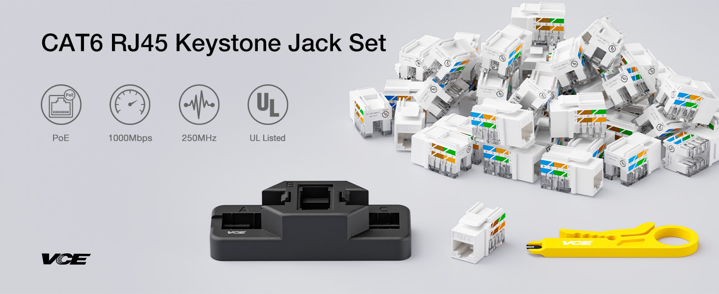 UL-listed cat6 keystone jacks 50 pack with punch down stand tool and wire stripper cutter