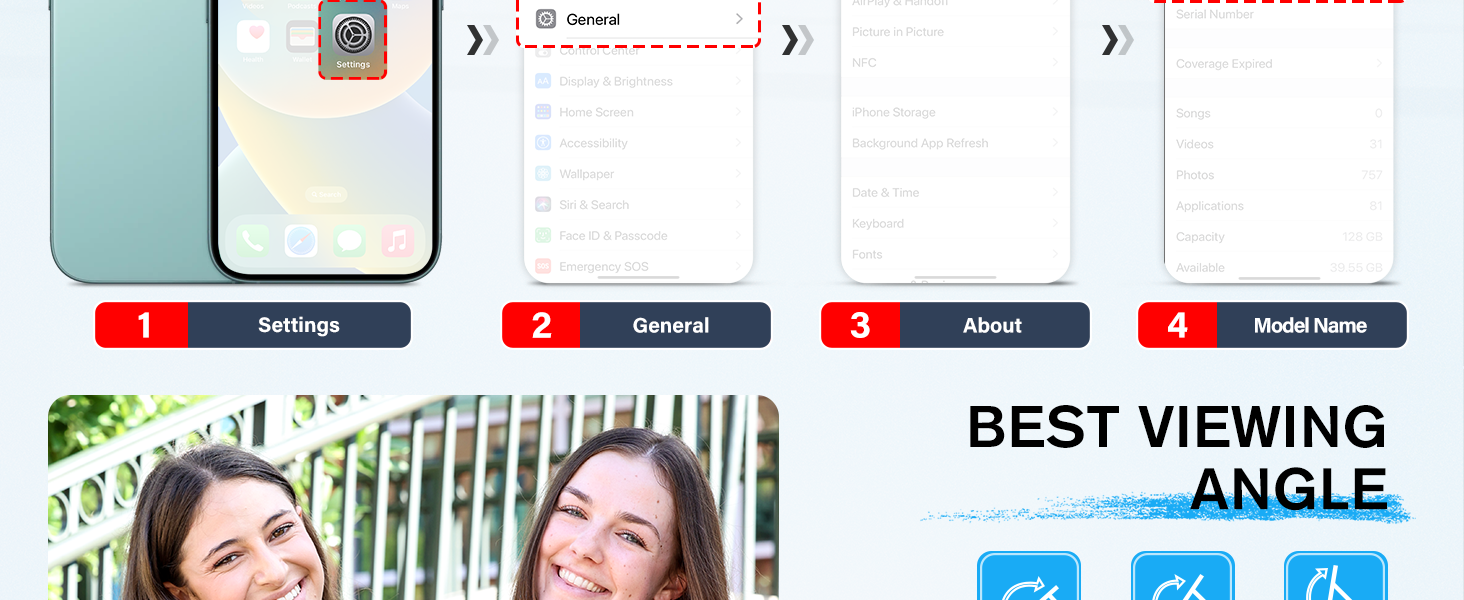Mobile app interface showing four menu options: Settings, General, About, and Model Name. The layout displays a clean, minimalist design with light blue background.