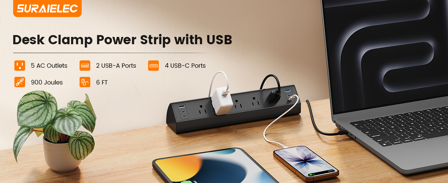 Desk Clamp Power Strip with USB