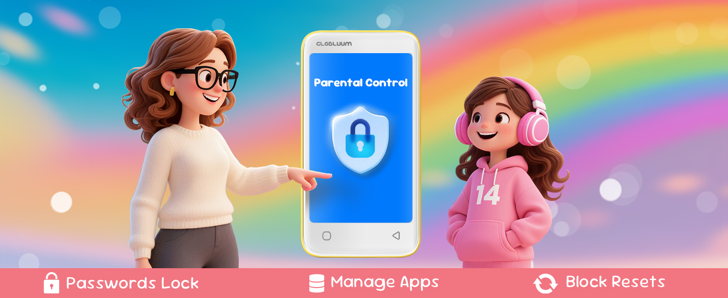 Kids’ MP3 player with parental controls, password lock, app management, and reset blocking
