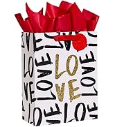 SUNCOLOR Large Valentine's Day Gift Bag with Tissue Paper, Black and Gold Love Design, 13 x 10.2 ...