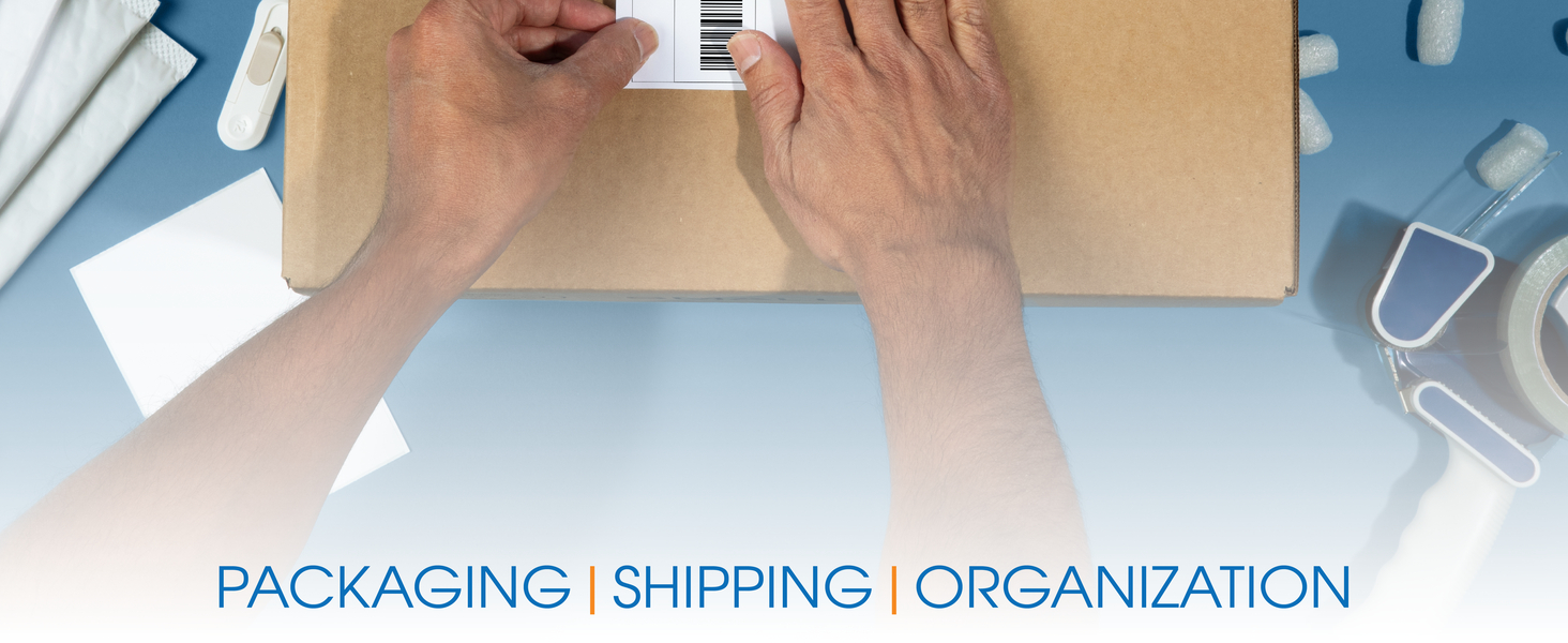 Text describes uses for packaging, shipping, and organization over a flat lay of packaging supplies