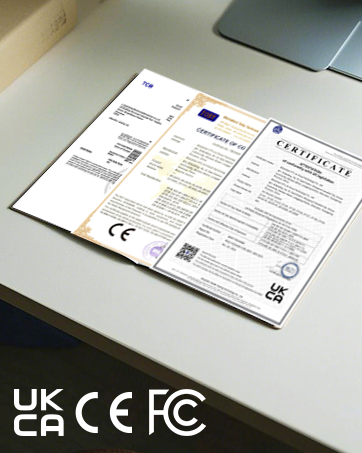 Product certification documentation showing UK CA, CE, and FCC compliance marks, with multiple pages of technical specifications displayed.
