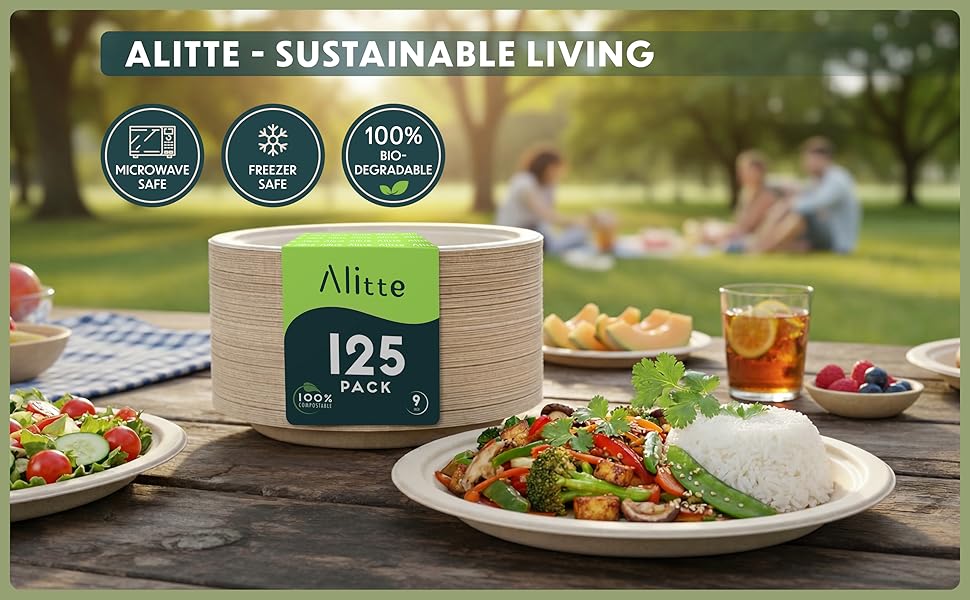 Compostable paper plates made from biodegradable materials for everyday use and parties