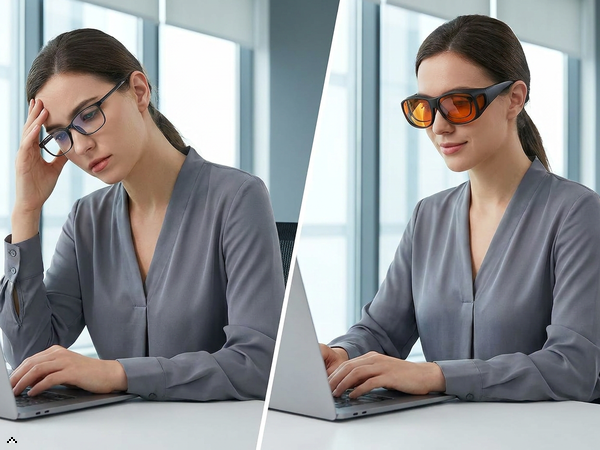 Blue light protection comparison, Before and after results, Eye comfort demonstration