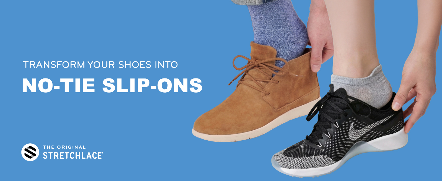 No tie elastic shoelaces transform laced shoes into easy slip-ons with stretch laces.