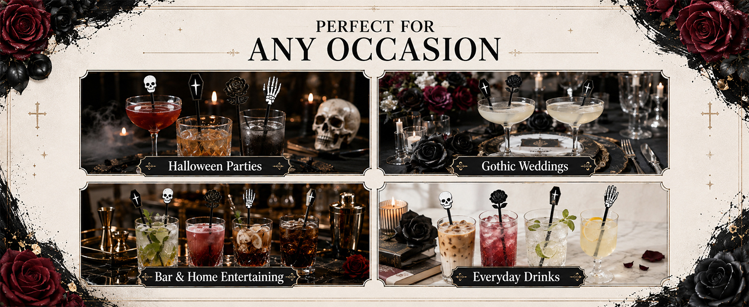 36-Piece Halloween Cocktail Stirrers, 7.1 in, 4 Gothic Designs for cocktails,punch and party bars