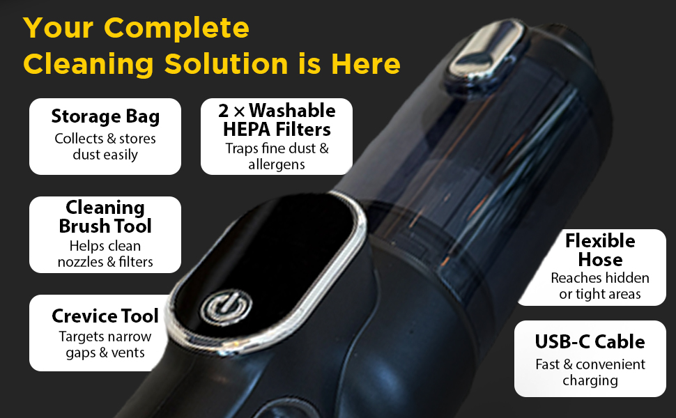 Cordless Luminoire vacuum package with washable HEPA filters, flexible hose, crevice tools