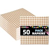 Vyntra 50 Count Gingham Disposable Paper Napkins, Checkered Party Napkins (Brown Gingham, 50 Pcs)