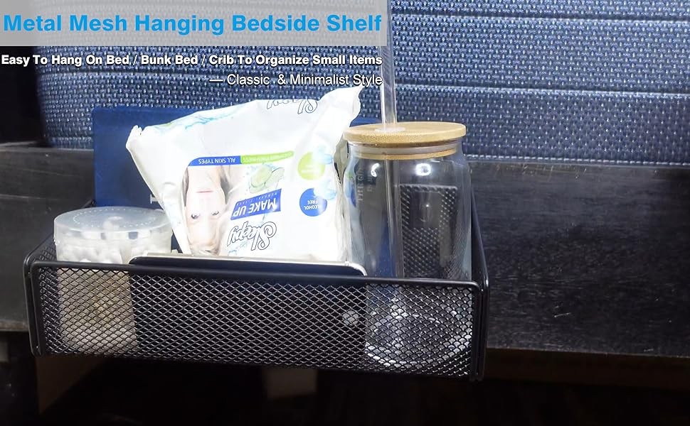 Metal Mesh Hanging Storage Organizer Beside Shelf for Collage Dorm Bed