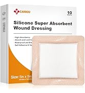 Carbou Silicone Super Absorbent Wound Dressing 5"x 5", 10 Individual Pack, Self-Adhesive Waterpro...