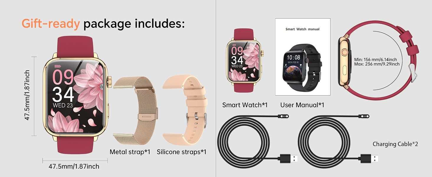 Text reads 'Gift-ready package includes:' followed by product lineup. Smartwatch with rose gold band, beige fabric band, black sport band, pink fabric strap, charging cables, and accessories displayed in organized gift packaging layout.