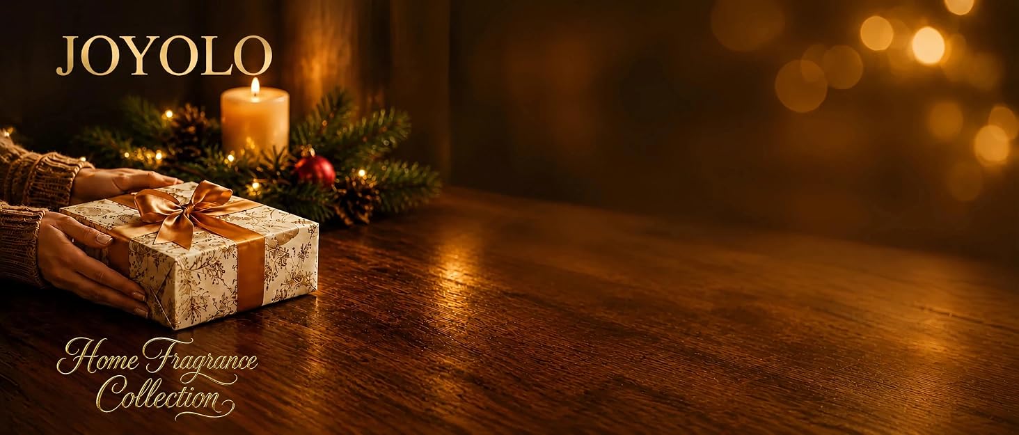 Text reads 'JOYOLO' and 'Home Fragrance Collection.' Luxury holiday home fragrance product display with wrapped gifts and warm golden lighting on wooden surface.