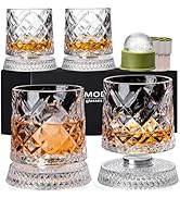 NORIMODA Spinning Whiskey Glasses Set of 4 With Iceball Molds, 9.5oz Lead-free Rotating Old Fashi...