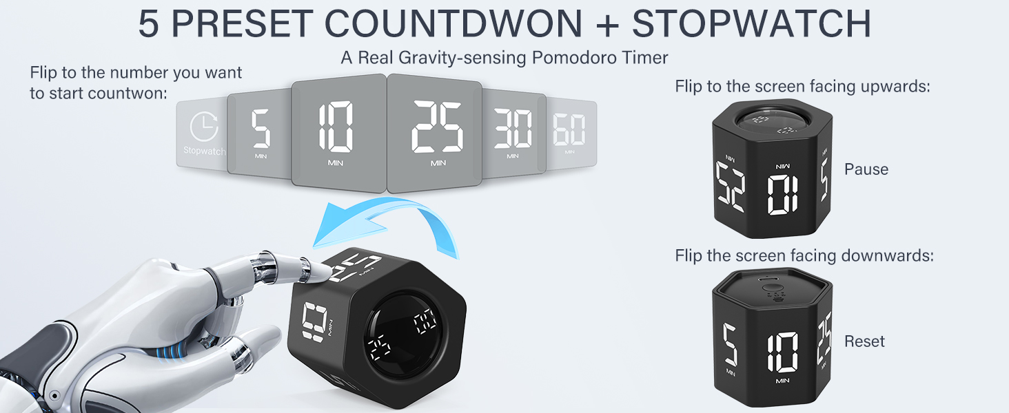 Gravity Sensing Pomodoro Timer with 4 Preset Countdown Time