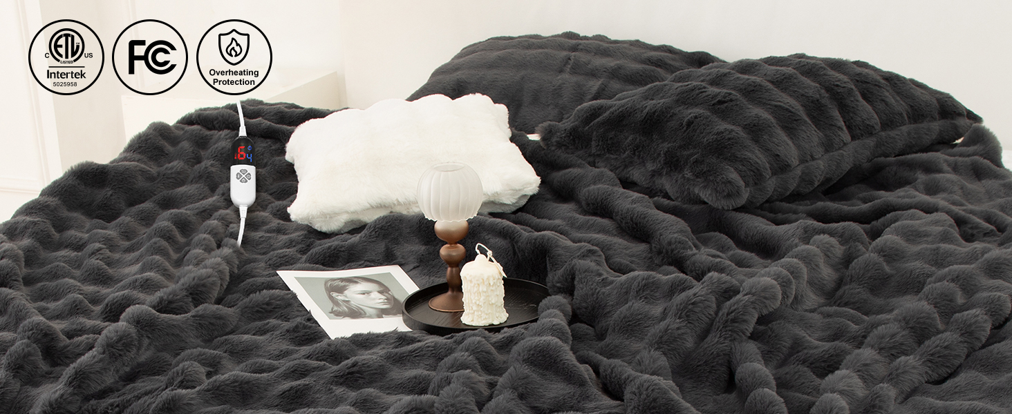 Faux Rabbit Fur Bubble Heated Blanket