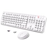 Wireless Keyboard and Mouse Combo, Ergonomic Full Size Typewriter Retro Round Keycaps Keyboard, C...